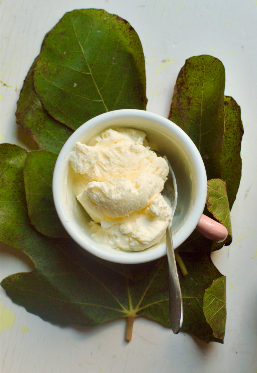 A teacup of ice cream resting on green fig leaves with a silver spoon